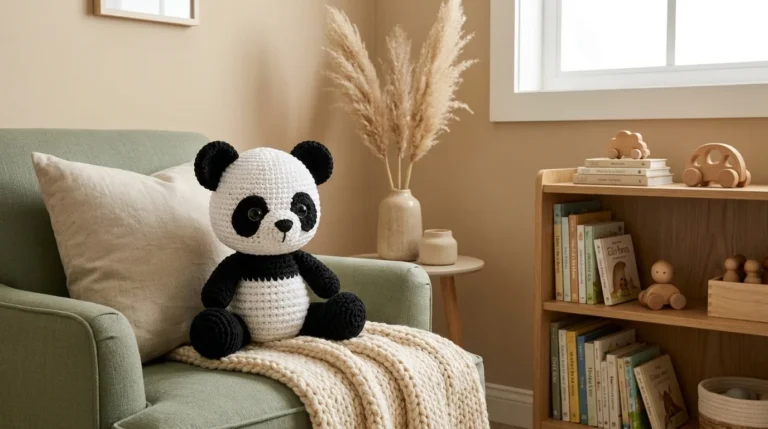 Panda au crochet présenté dans un coin lecture beige et vert sauge.