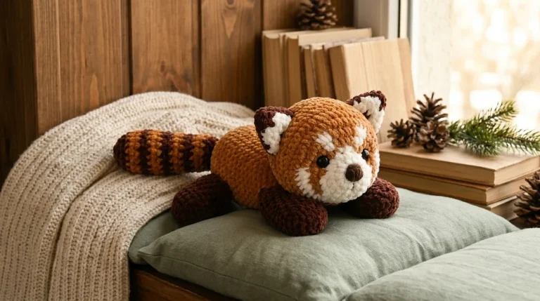 Panda roux au crochet en fil chenille vu sous plusieurs angles