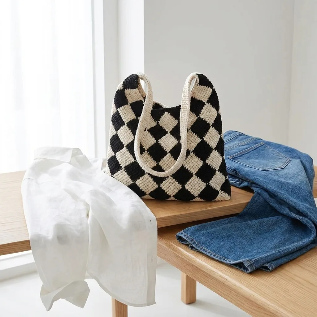 Sac à carreaux au crochet noir et écru avec tenue denim
