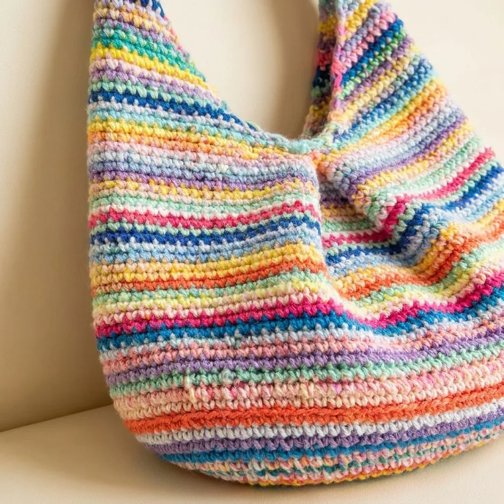 Détail des rayures pastel d’un sac Dumpling crocheté