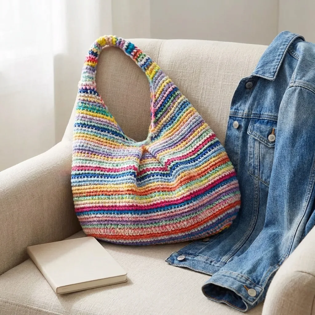 Sac Dumpling multicolore au crochet avec une veste en jean