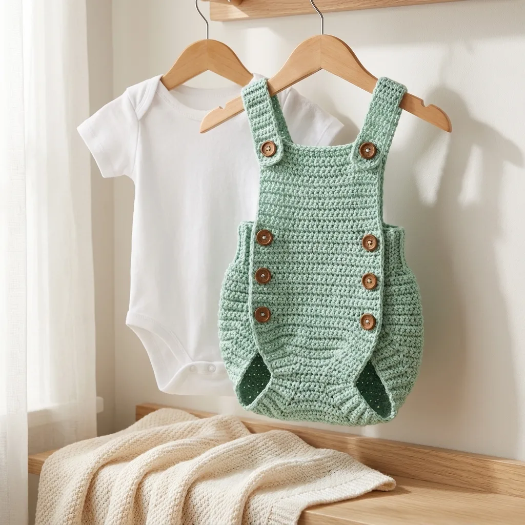 Barboteuse bébé crochetée suspendue dans une chambre lumineuse