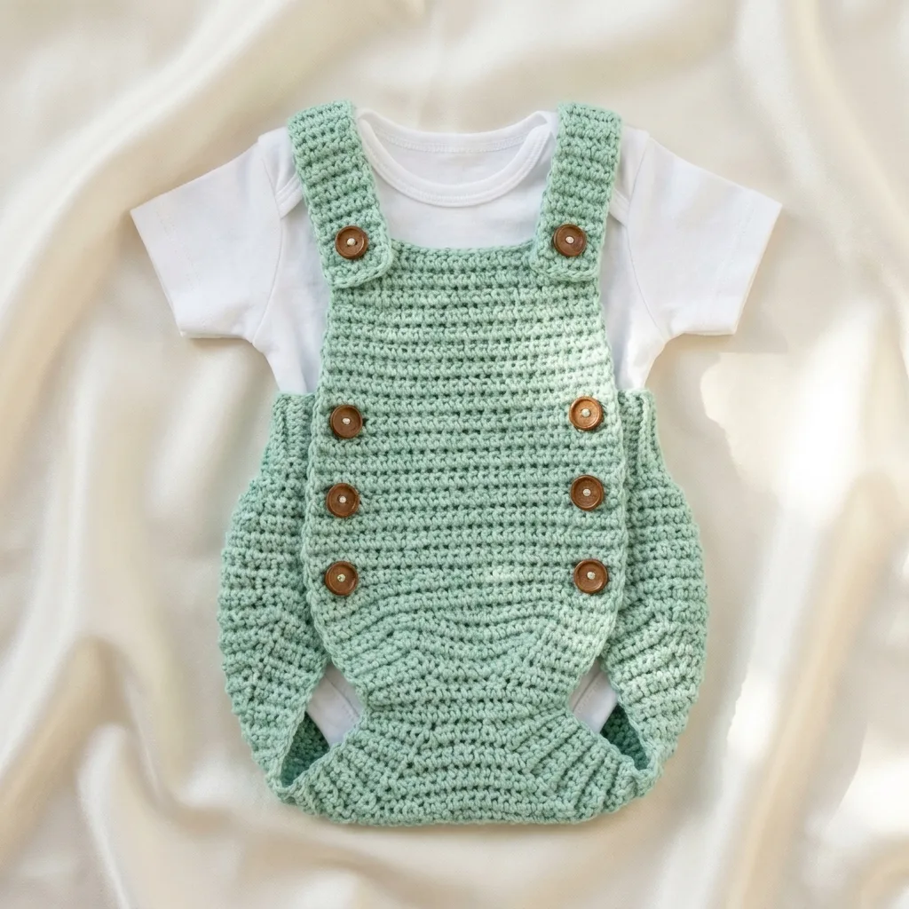 Détail éditorial de barboteuse bébé crochetée vert menthe