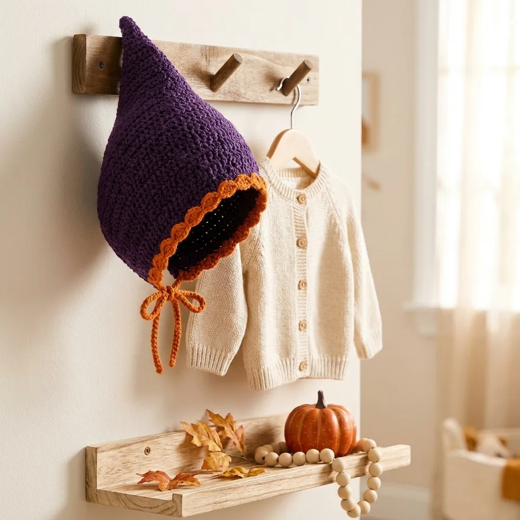 Bonnet lutin bébé crocheté violet dans une chambre automnale