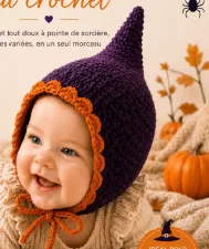 Bonnet lutin bébé au crochet violet et orange