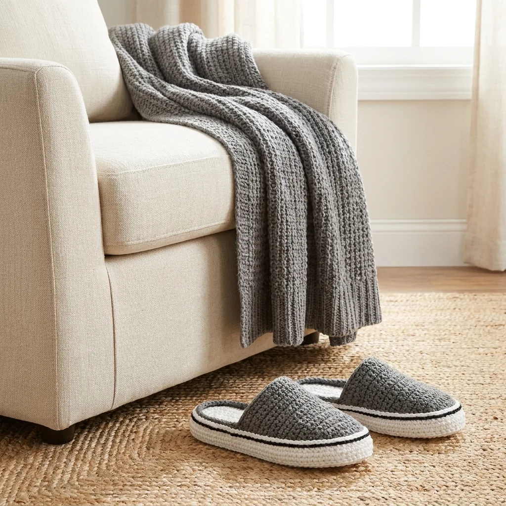 Chaussons gris au crochet dans une ambiance cocooning