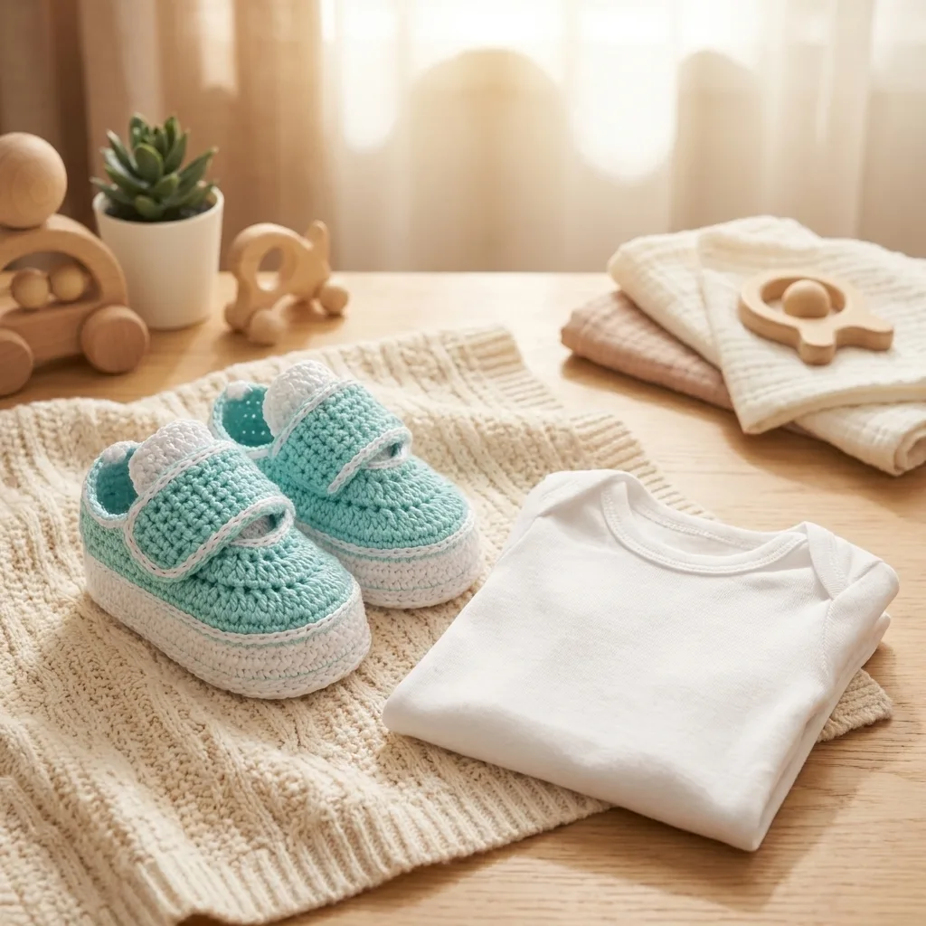 Chaussons bébé crochetés vert menthe dans une chambre douce