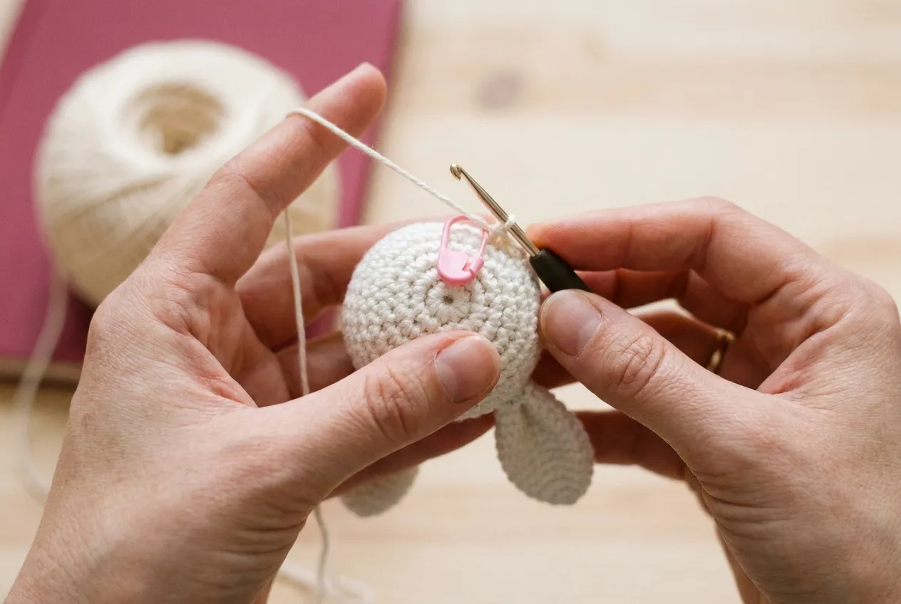 Mains crochetant la tête blanche d’un mini lapin amigurumi