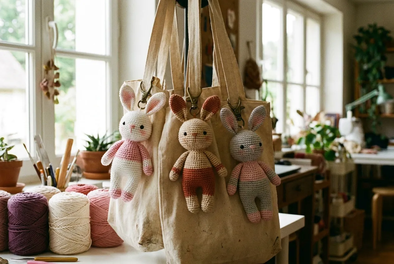 Trois mini lapins au crochet accrochés à des sacs en toile