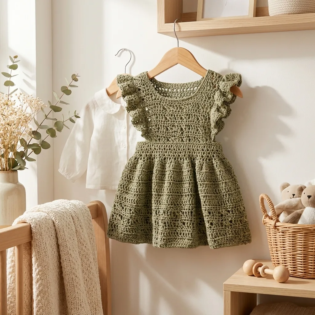 Robe bébé crochetée vert olive suspendue dans une chambre douce