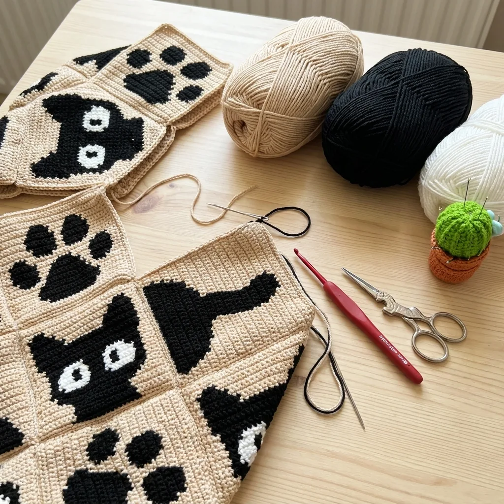 Sac chat au crochet en cours d’assemblage avec pelotes beige noire et blanche