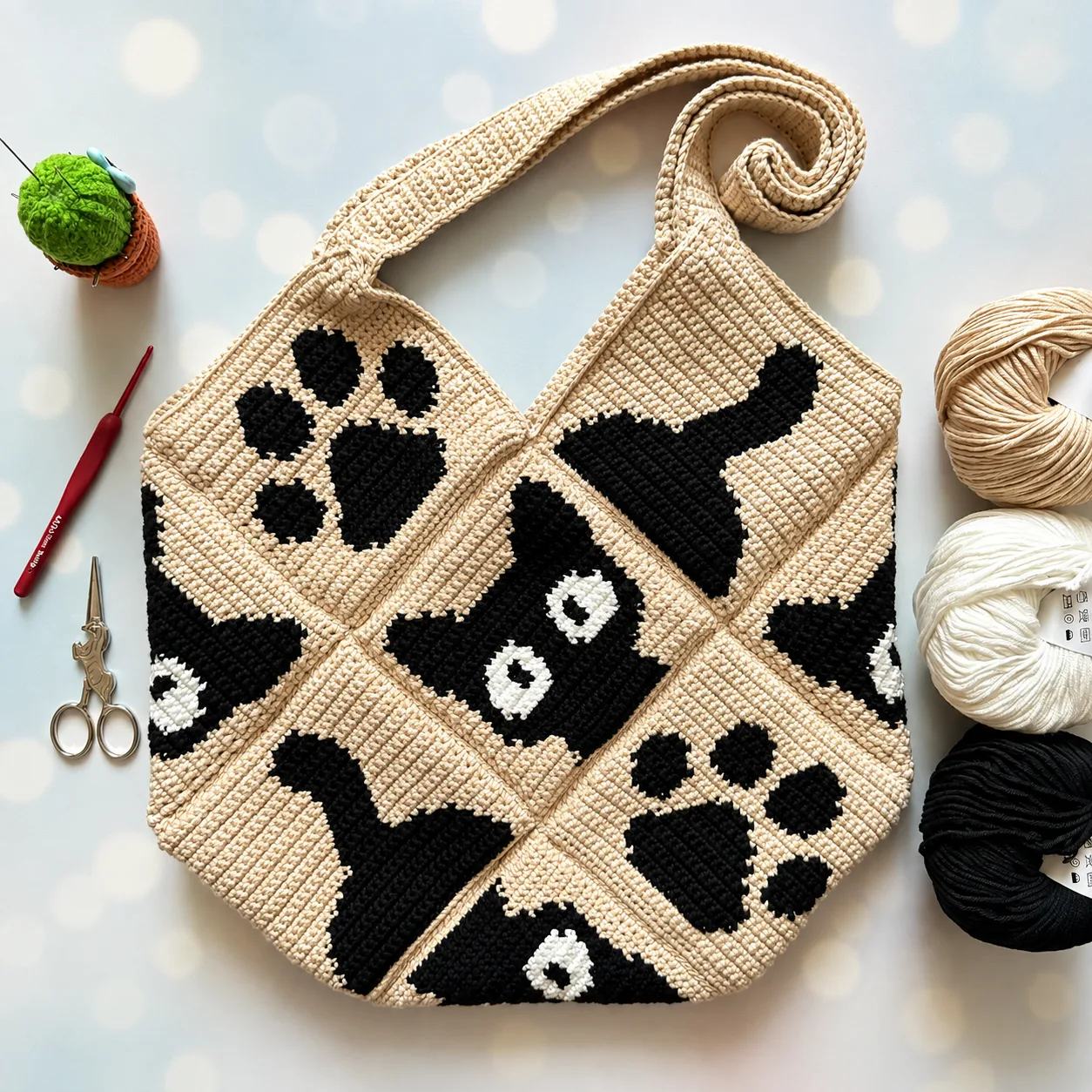 Sac chat au crochet patchwork beige noir et blanc