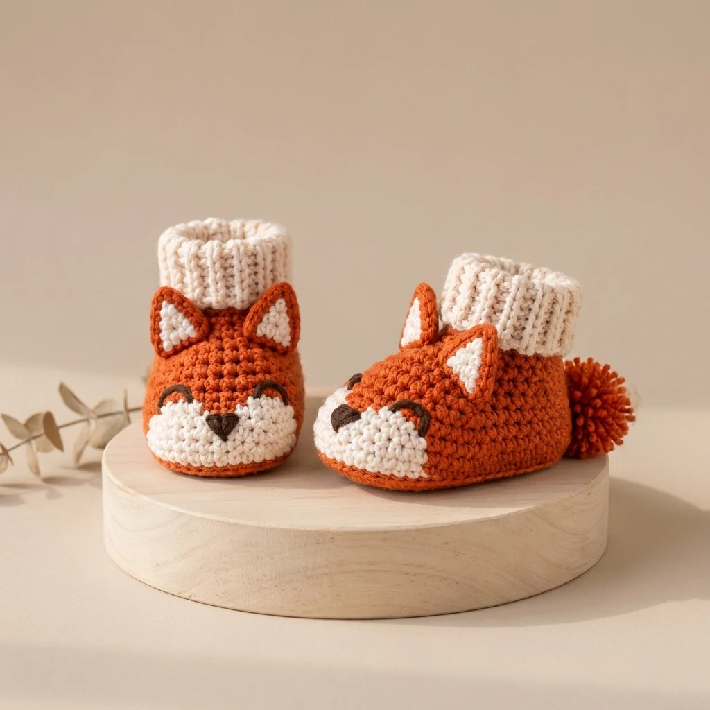 chaussons renard bébé au crochet dans un univers de création