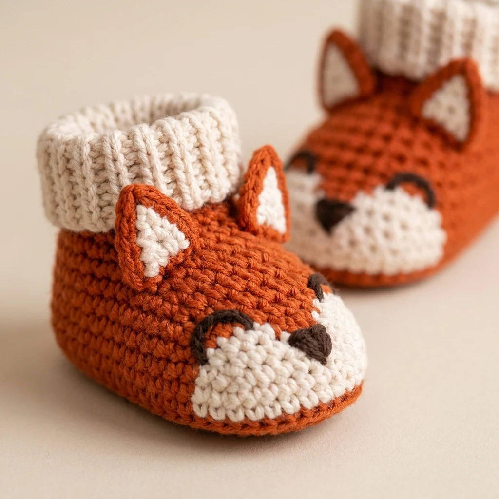 Détail du museau et du revers des chaussons renard bébé au crochet