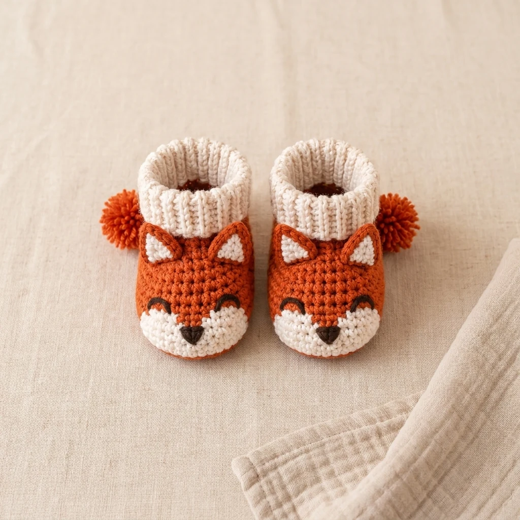 Mise en situation des chaussons renard bébé au crochet