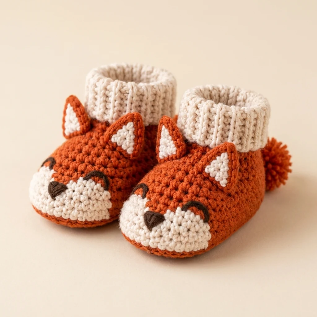 chaussons renard bébé au crochet en vue principale