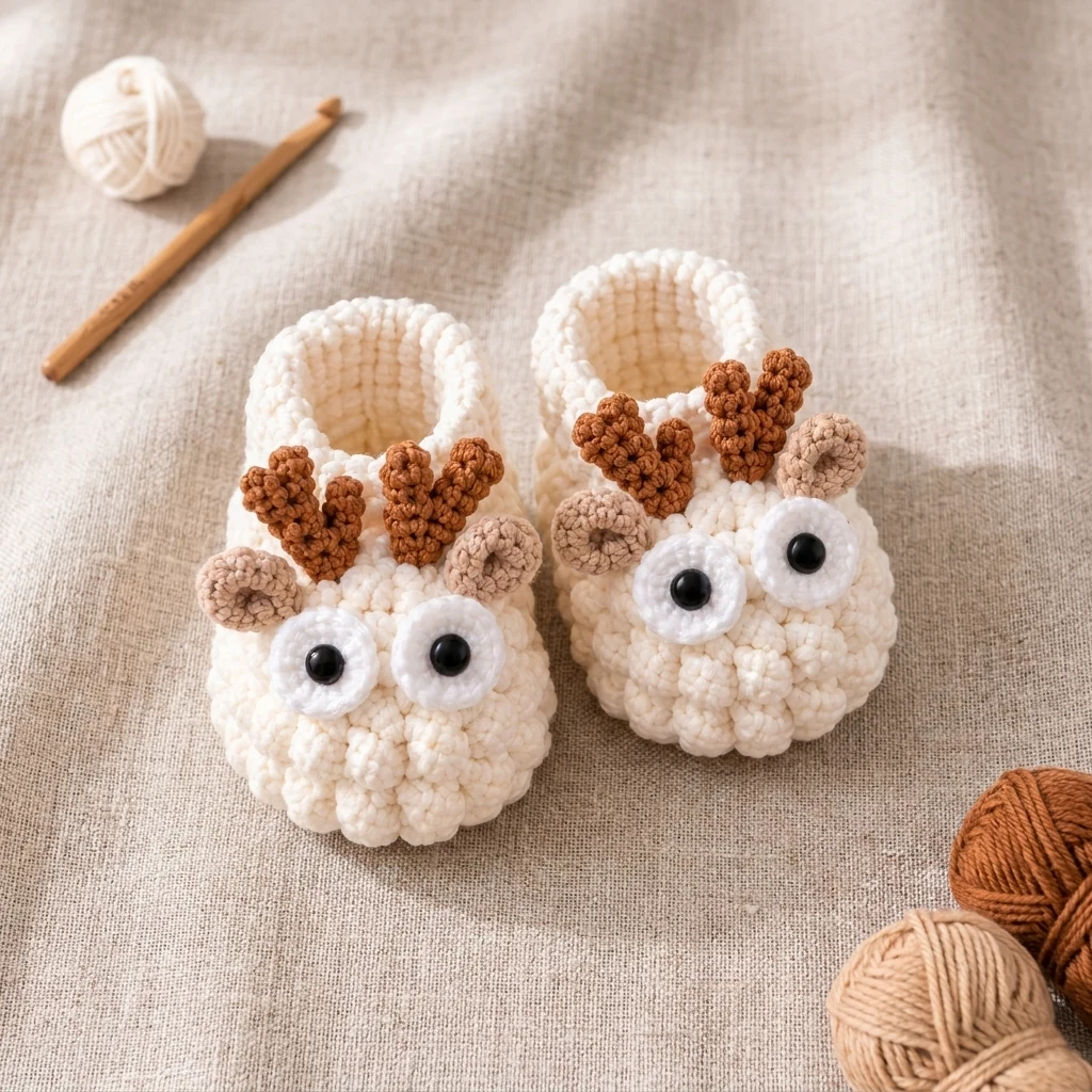 Autre vue de la paire de chaussons bébé renne au crochet