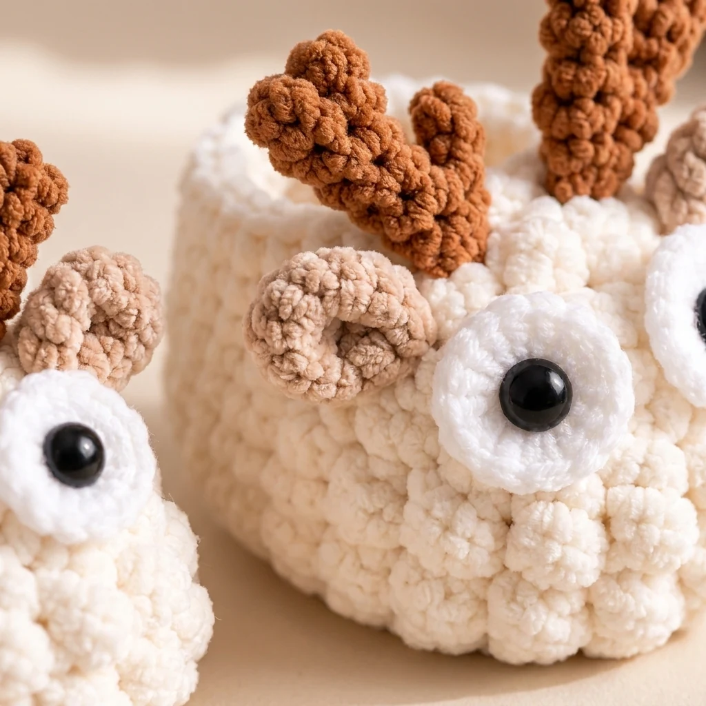 Détail des bois, oreilles et yeux des chaussons renne au crochet