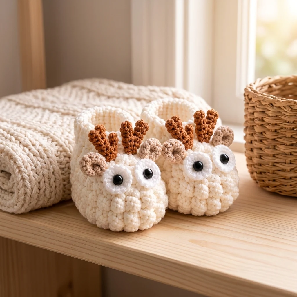 Paire de chaussons renne au crochet dans une ambiance de chambre de bébé