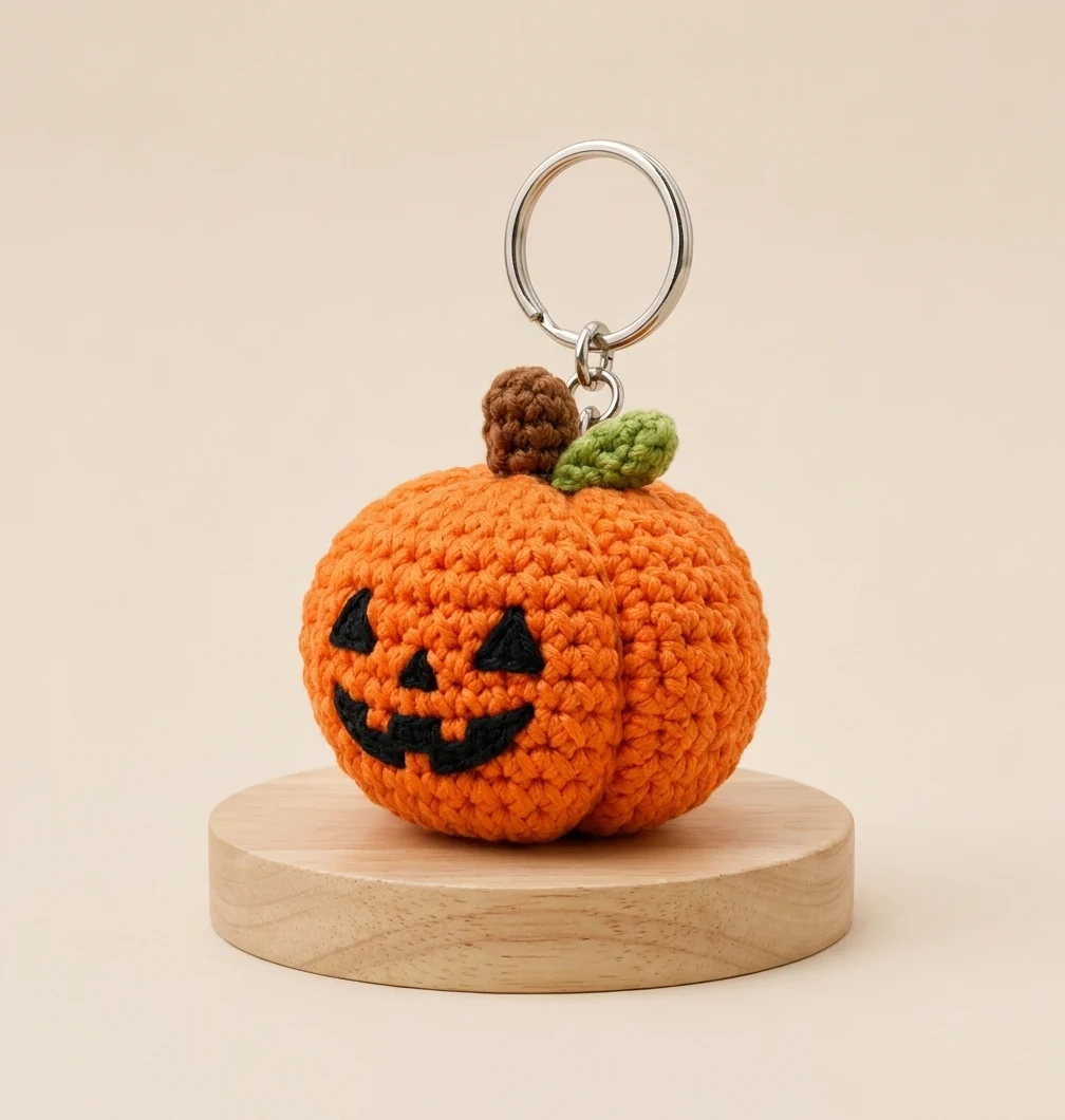 porte clés citrouille crochet présenté dans une ambiance automnale
