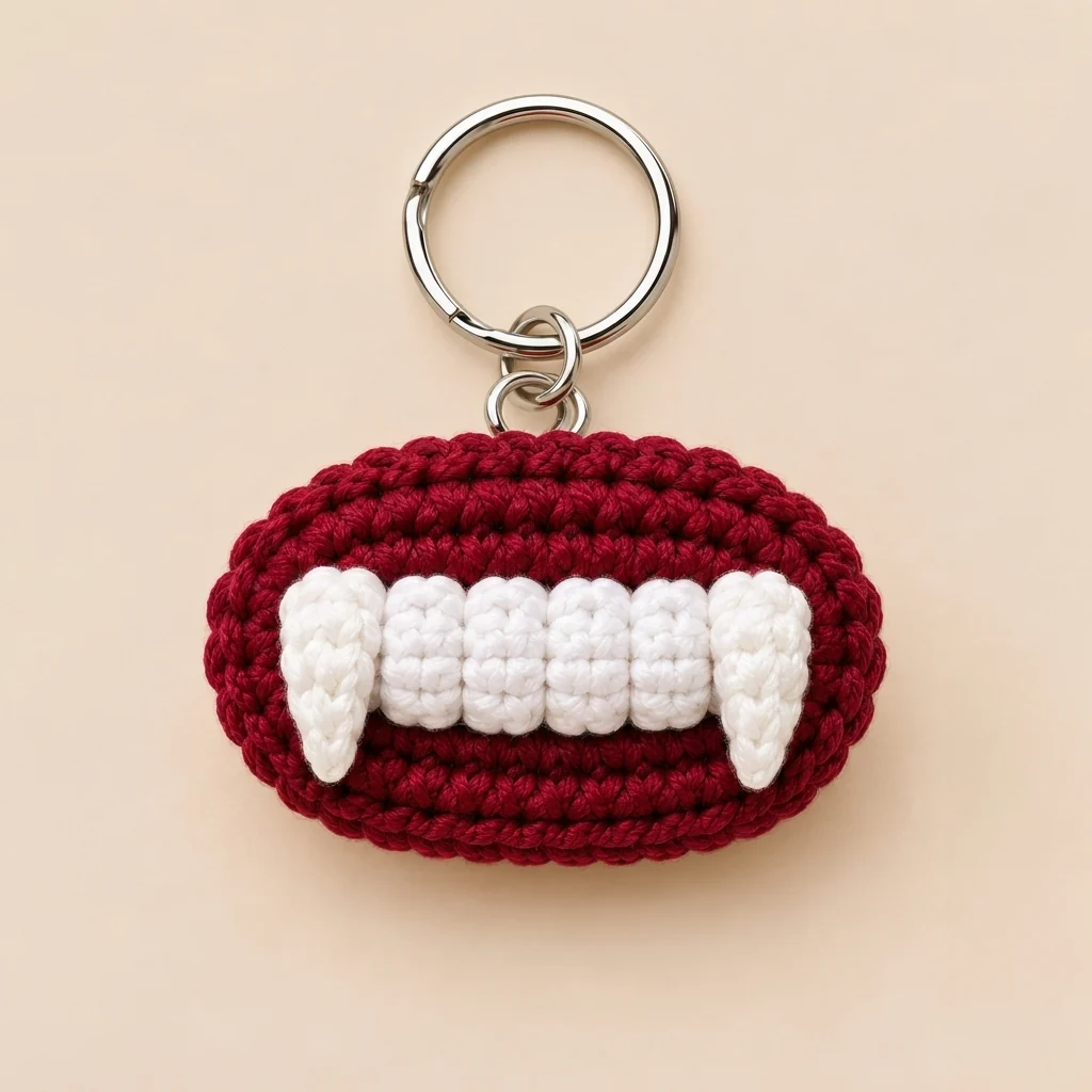 porte clés vampire crochet bordeaux avec dents blanches et anneau argenté