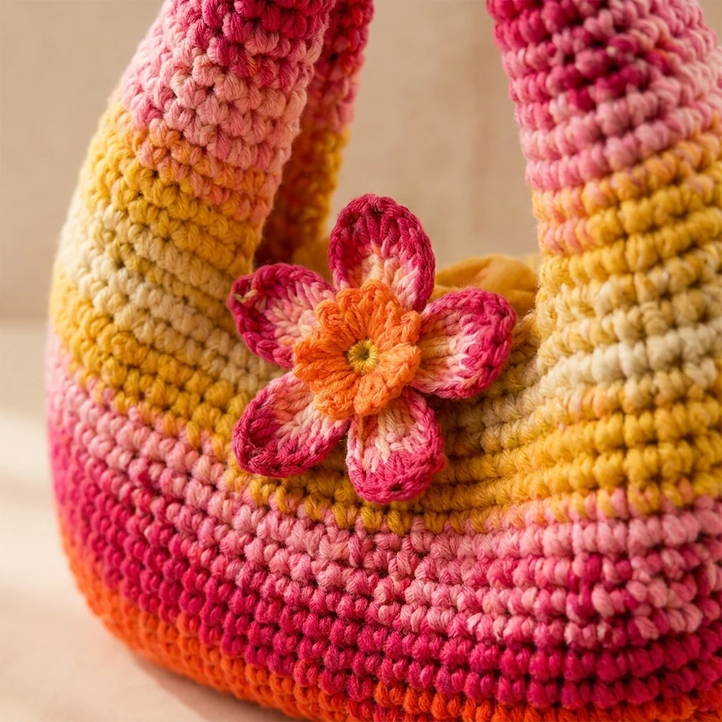 Détail des mailles rouges et de l’anse intégrée du sac crocheté