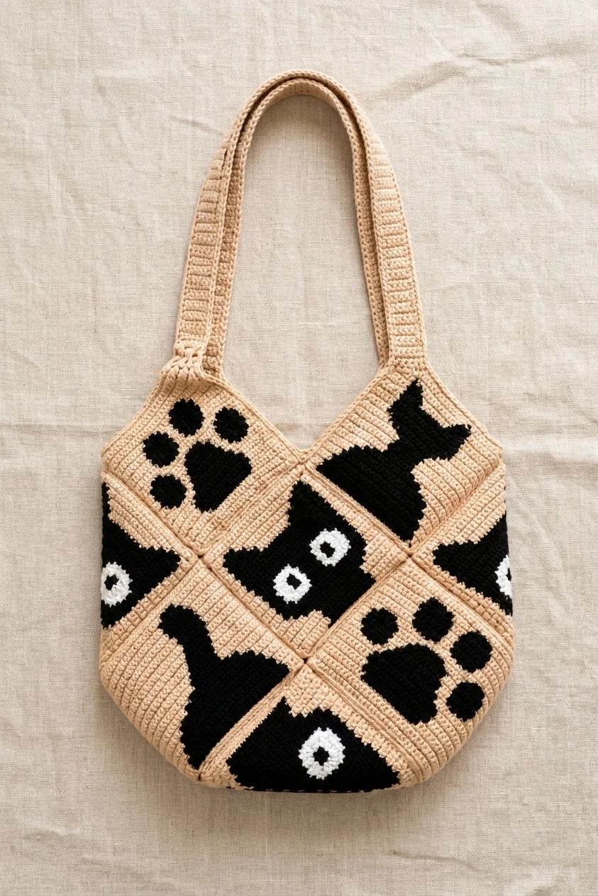 Autre angle du sac patchwork chat au crochet aux anses beige