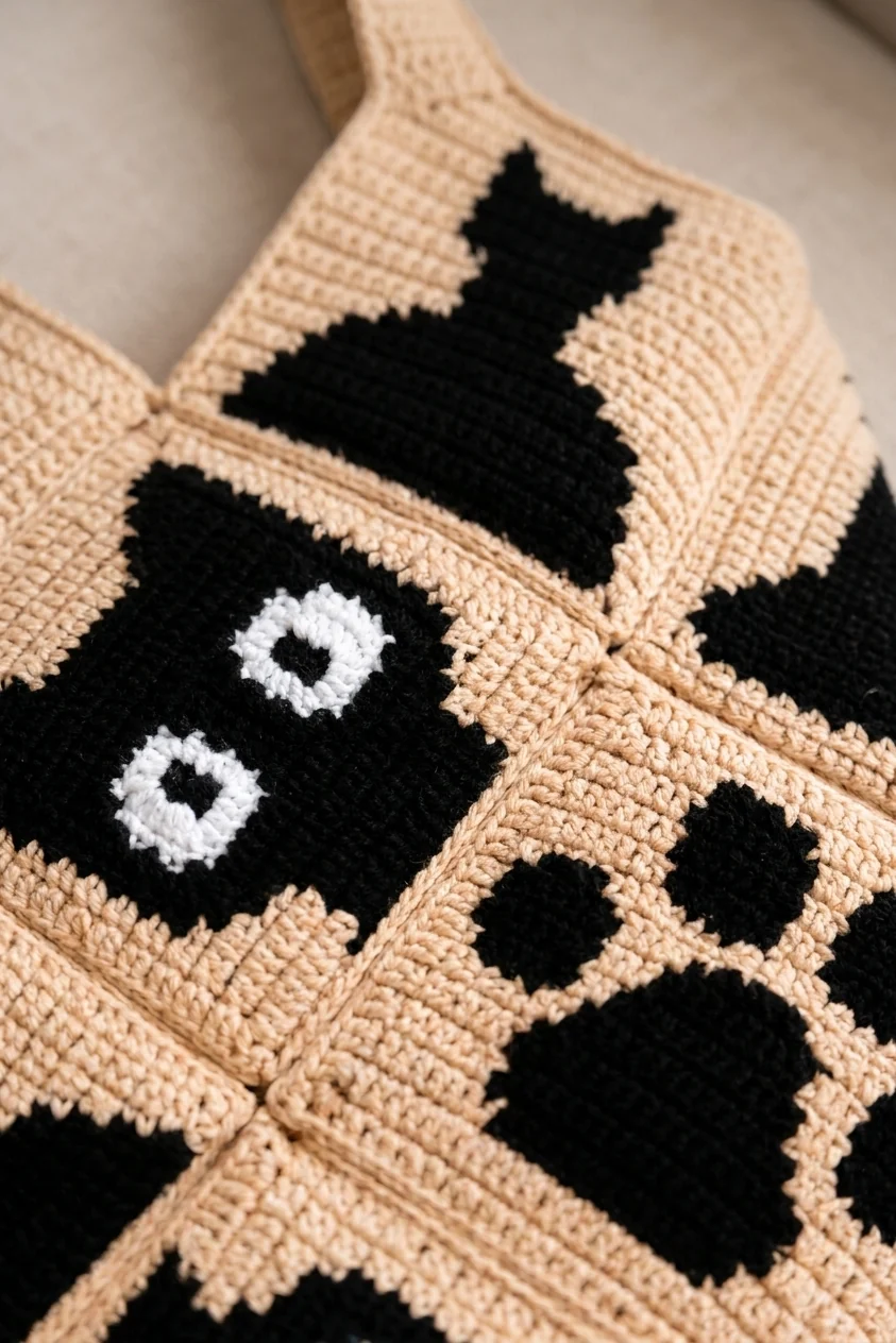Détail des motifs de chats noirs et des carrés beige et noirs