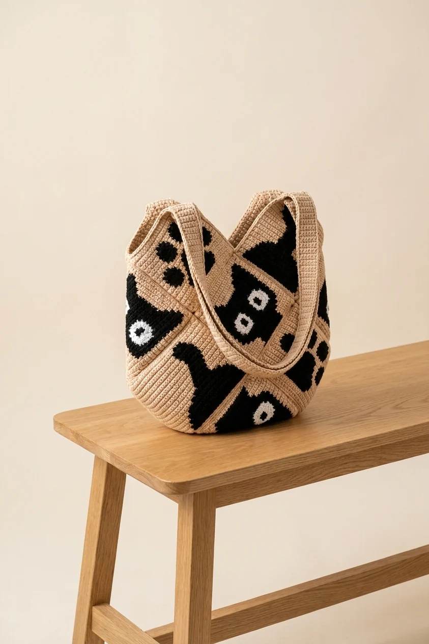 sac patchwork chat au crochet présenté dans une ambiance naturelle