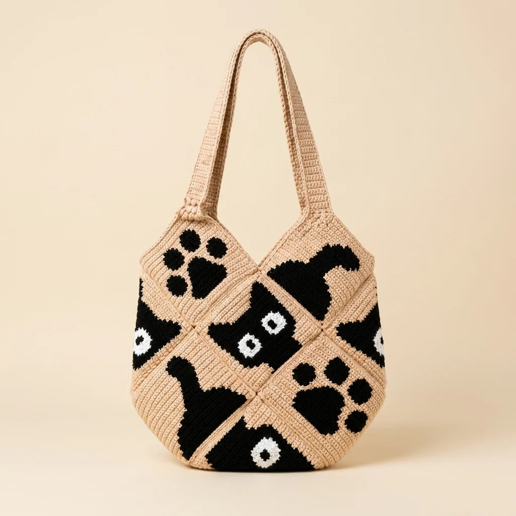 sac patchwork chat au crochet multicolore avec quatre motifs de chats noirs