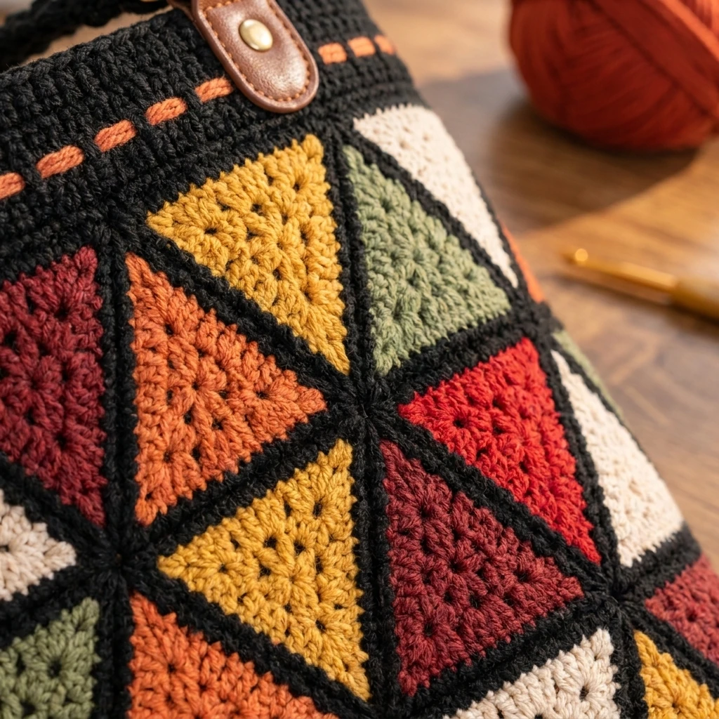 Détail des triangles colorés et de la bordure noire du sac au crochet
