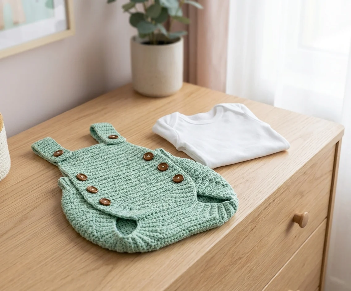 Mise en scène artisanale du vêtement bébé vert menthe
