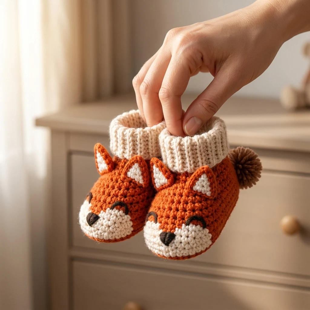 Détail du museau et du revers des chaussons bébé renard au crochet