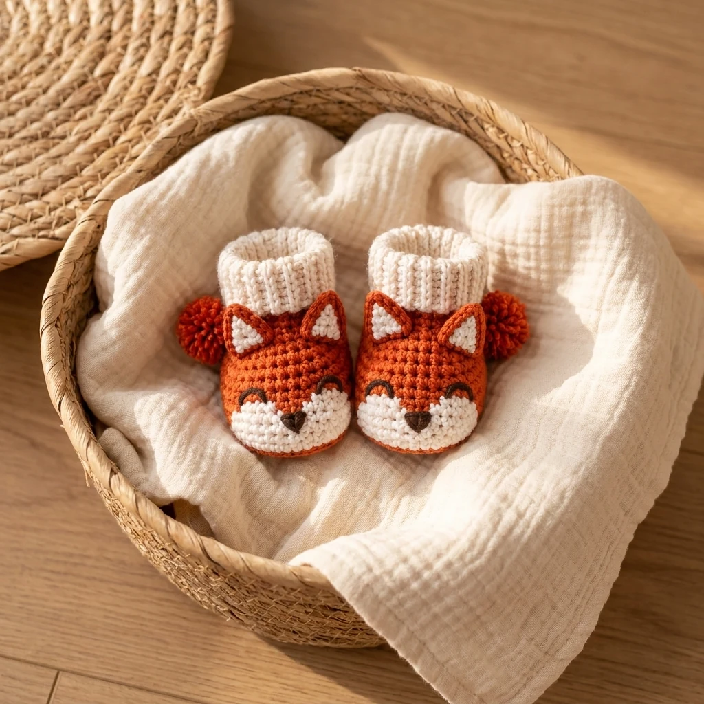 Mise en situation des chaussons bébé renard au crochet