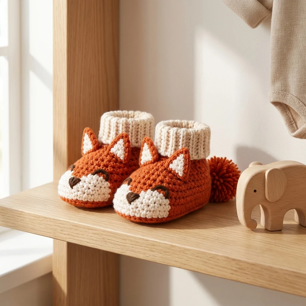 chaussons bébé renard au crochet en vue principale