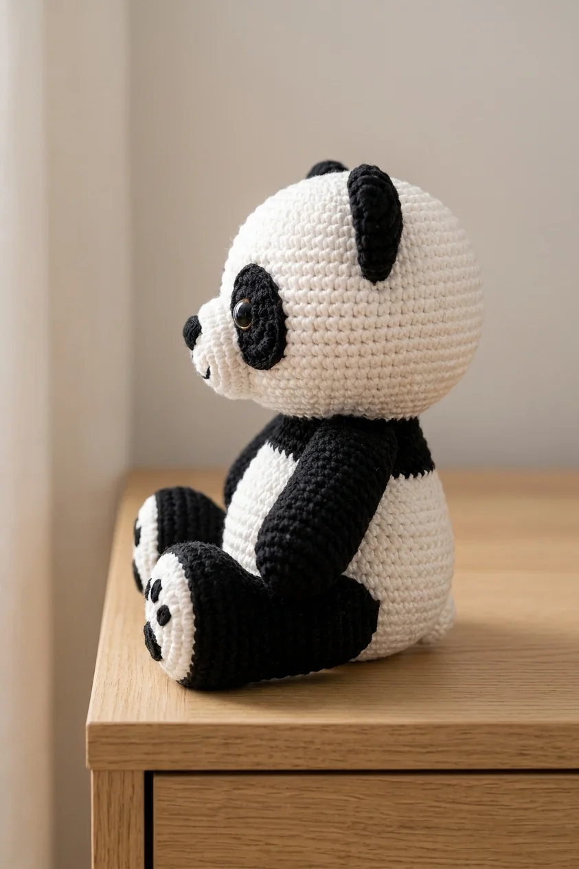 Autre angle du petit panda noir et blanc au crochet