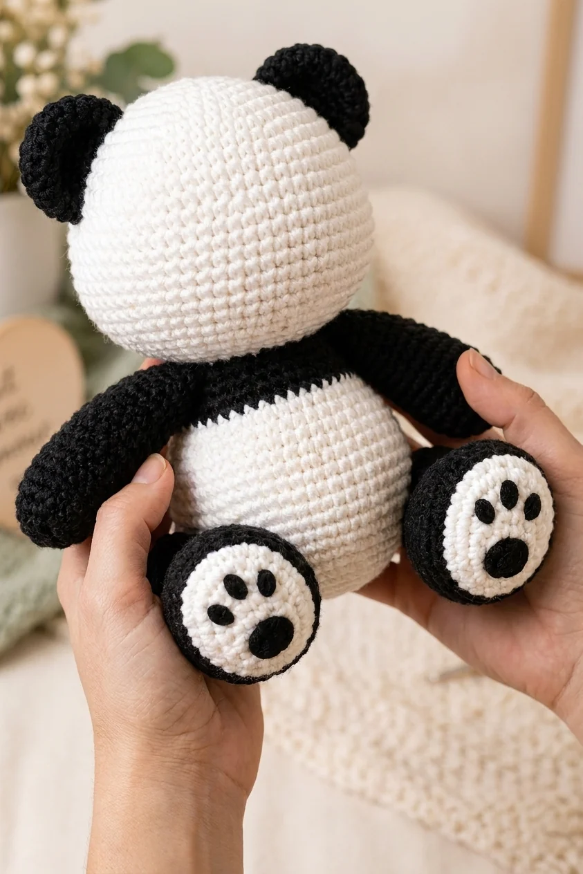 Détail du visage et de la texture du panda au crochet