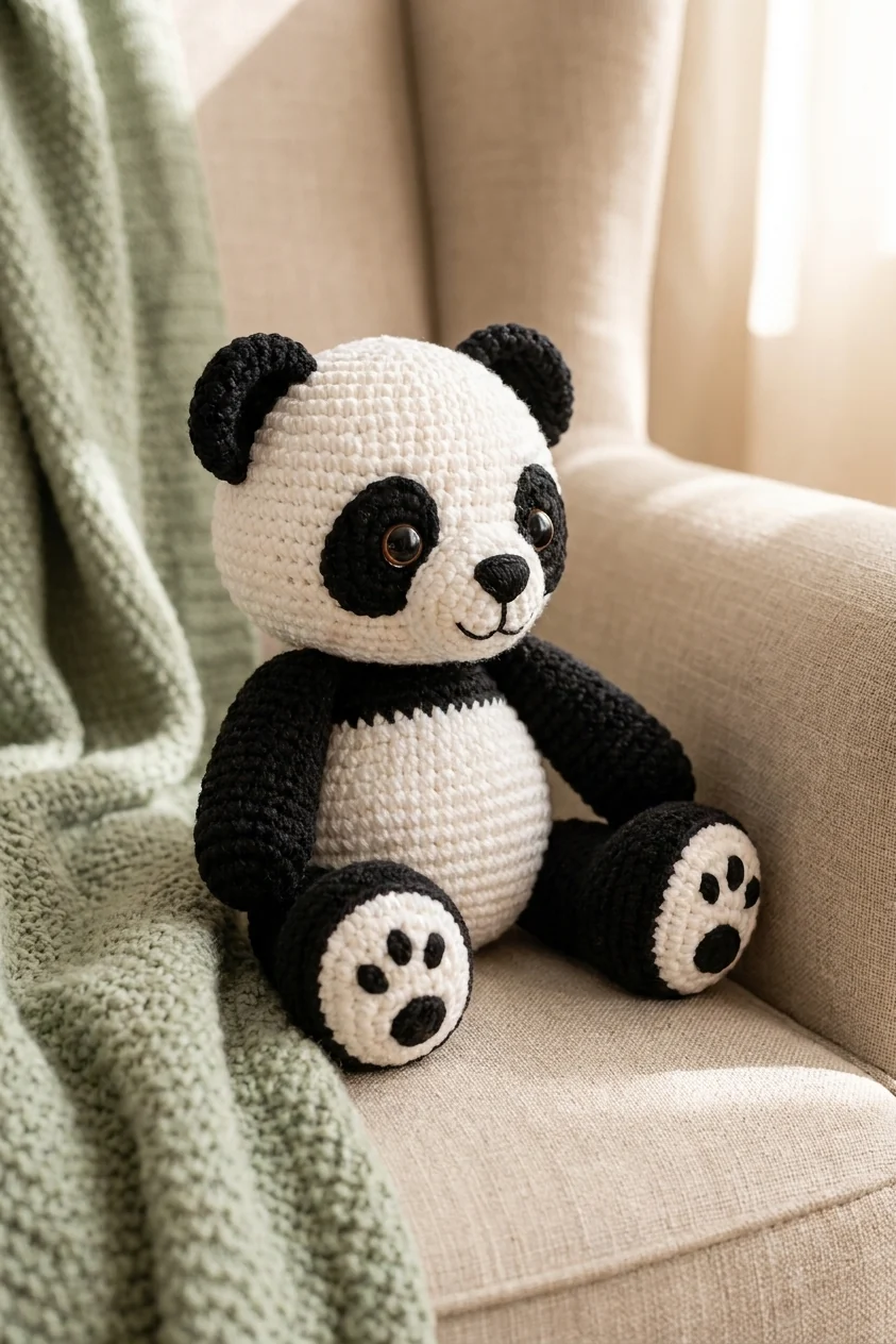 Mise en scène artisanale du panda amigurumi