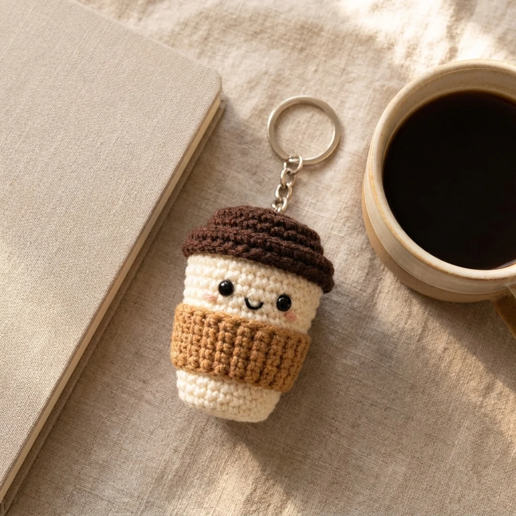 Mise en situation du porte-clés tasse au crochet comme accessoire