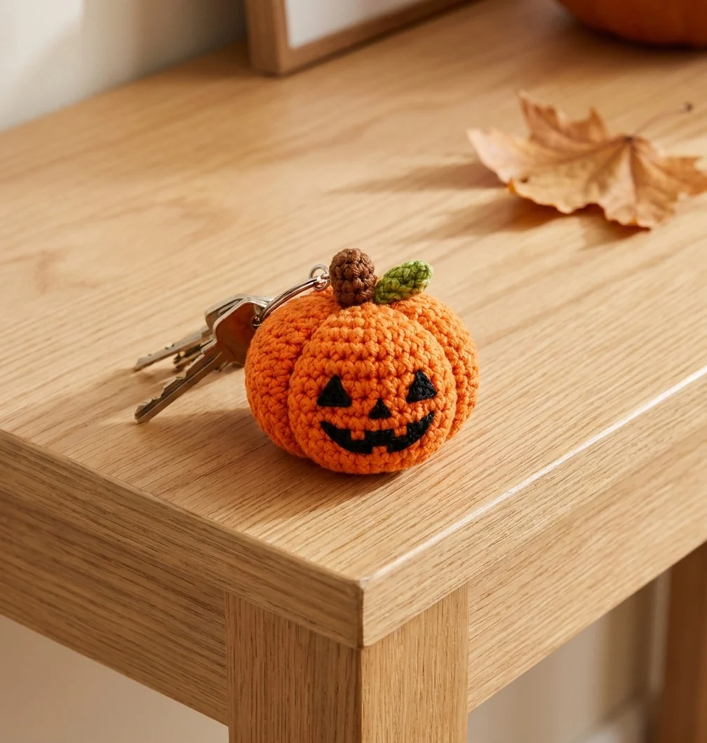 porte clés Halloween crochet présenté dans une ambiance automnale