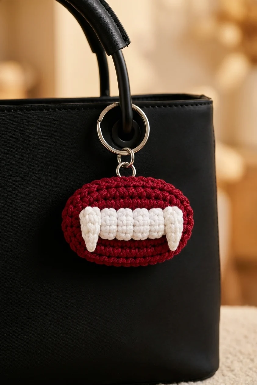 porte clés dents vampire bordeaux avec dents blanches et anneau argenté