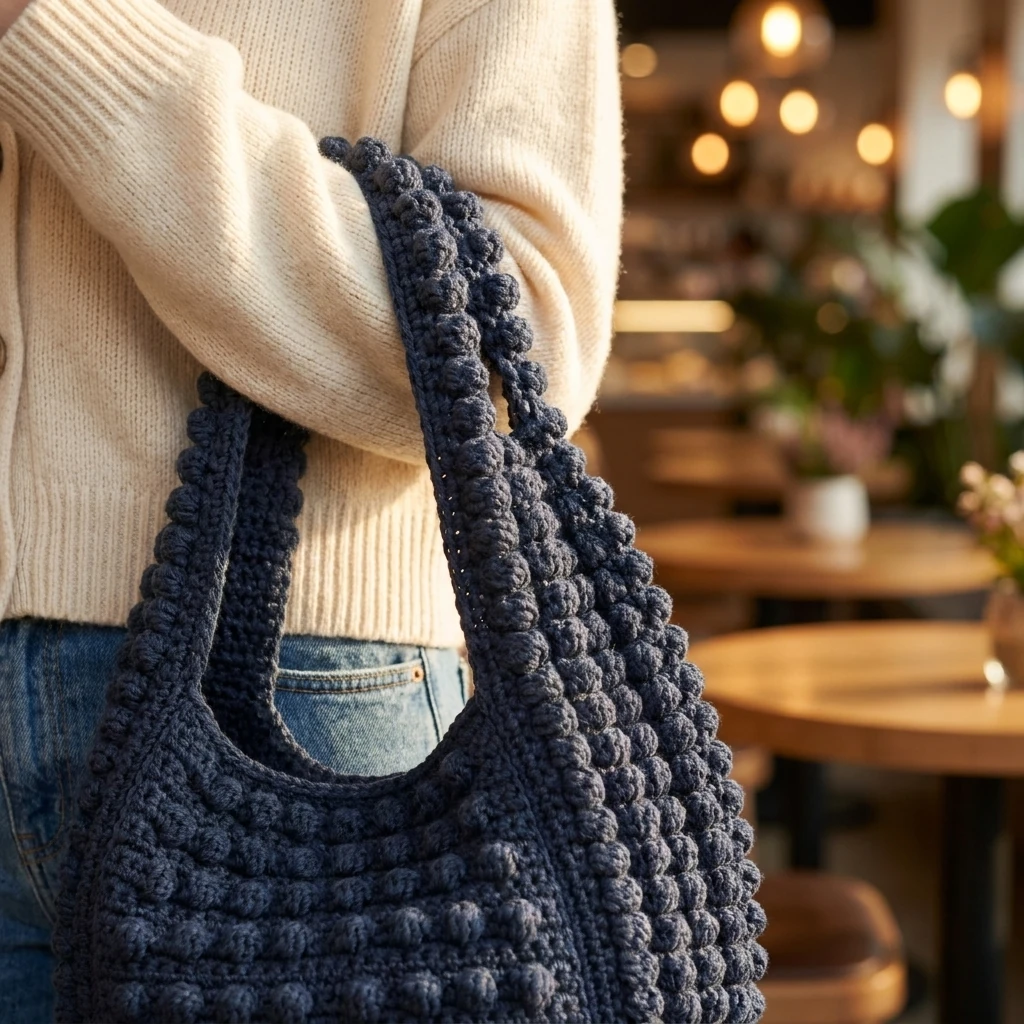 Détail des rangées de relief du sac texturé au crochet bleu nuit