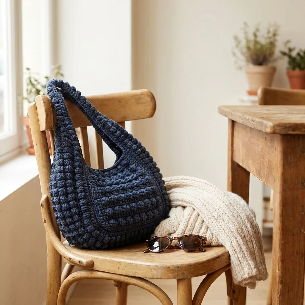 sac texturé au crochet dans une mise en scène lifestyle lumineuse