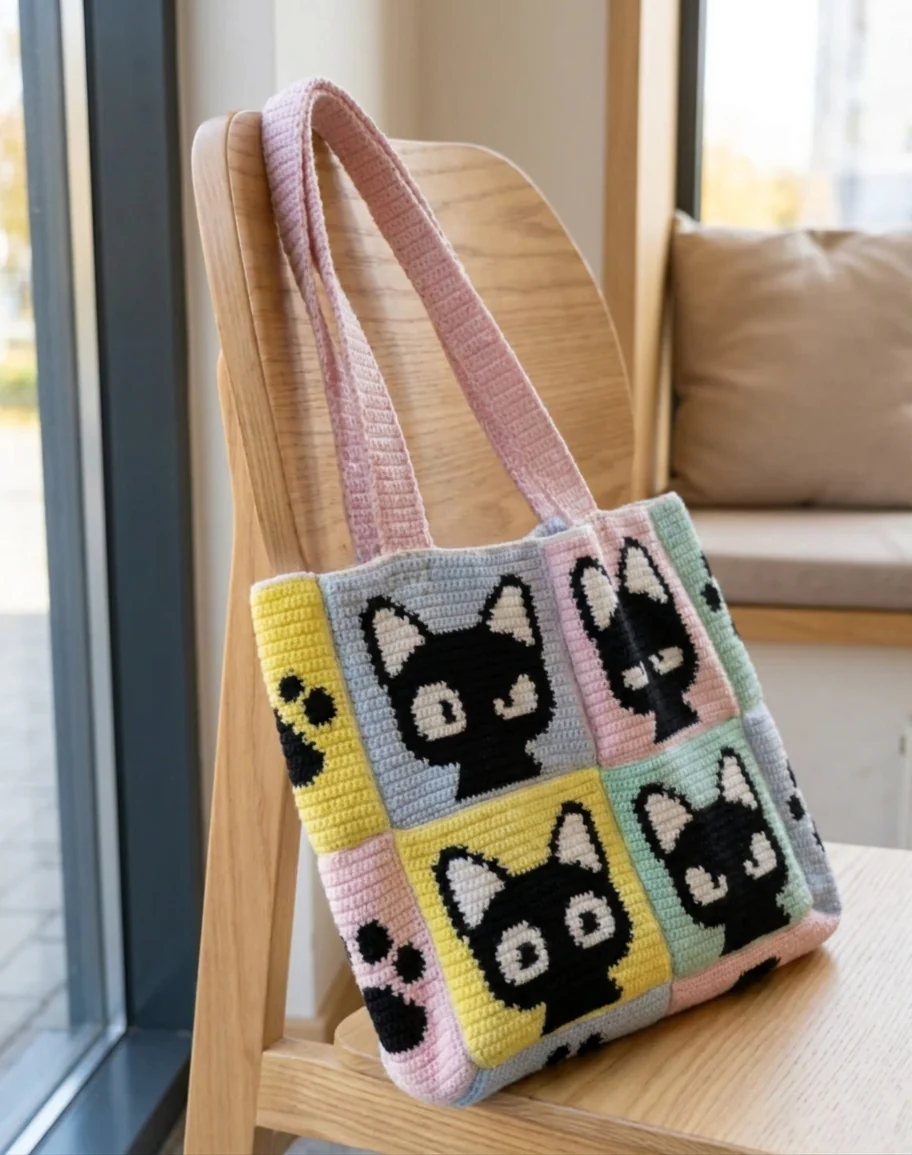 cabas chat au crochet présenté dans une ambiance naturelle