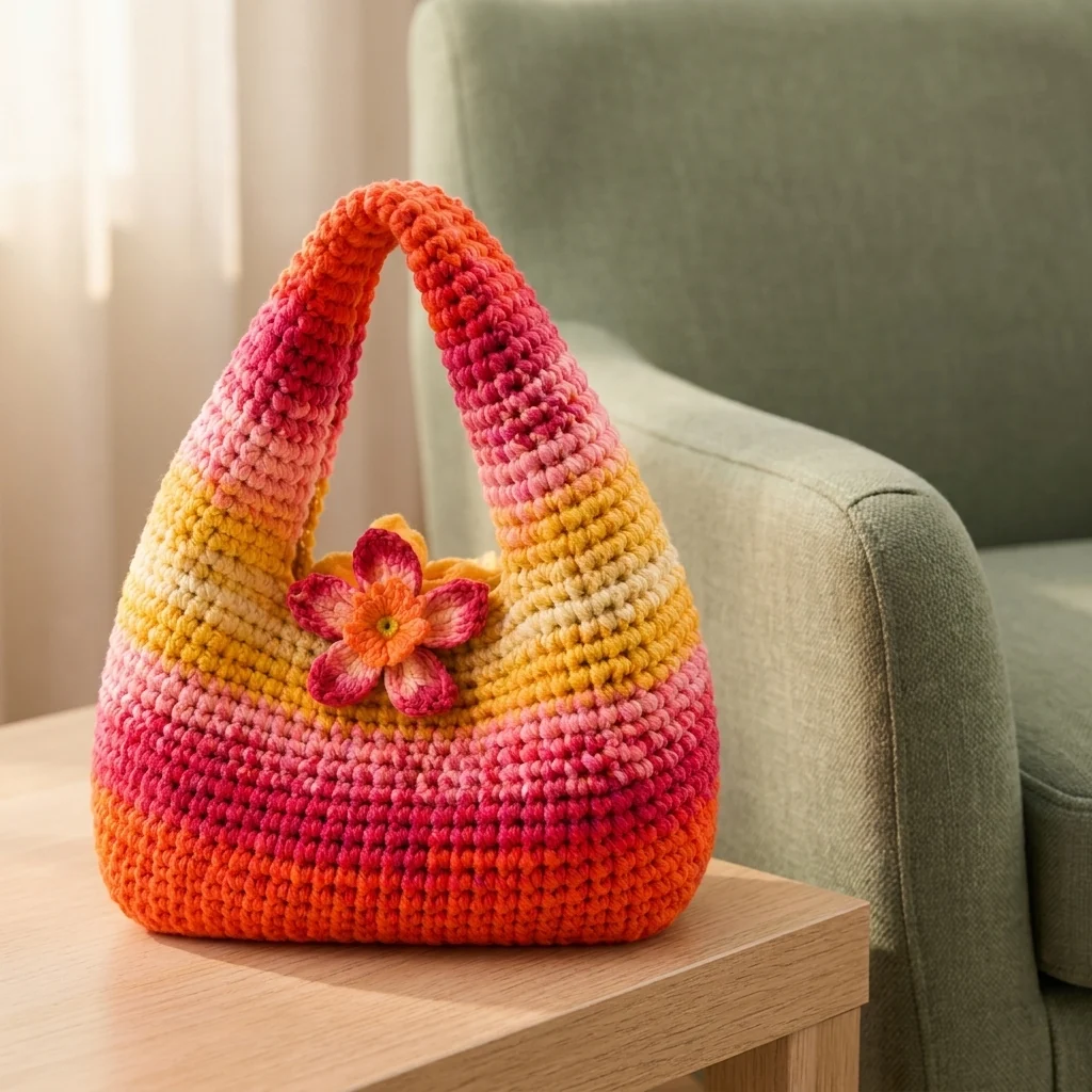Détail des mailles rouges et de l’anse intégrée du sac crocheté