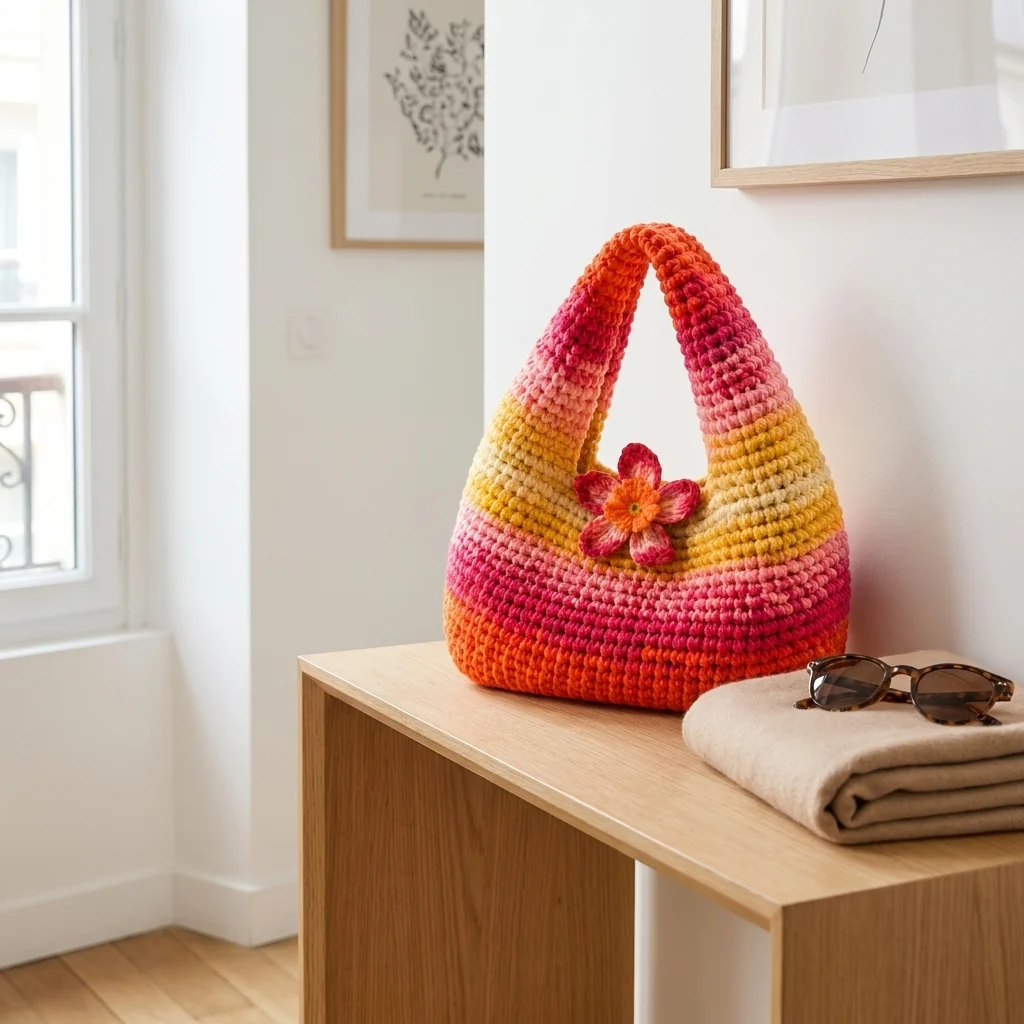 Vue alternative du sac rouge arrondi avec son anse crochetée