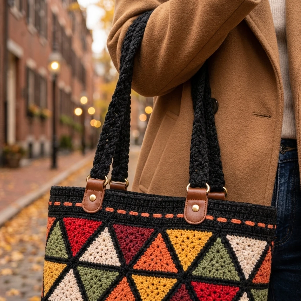 Détail des triangles colorés et de la bordure noire du sac au crochet
