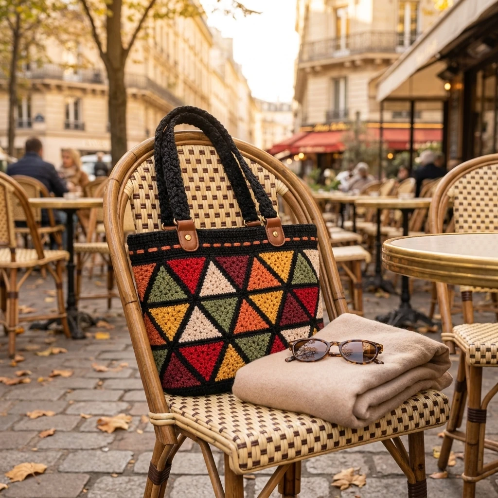 Sac totebag à triangles colorés porté dans un intérieur chaleureux