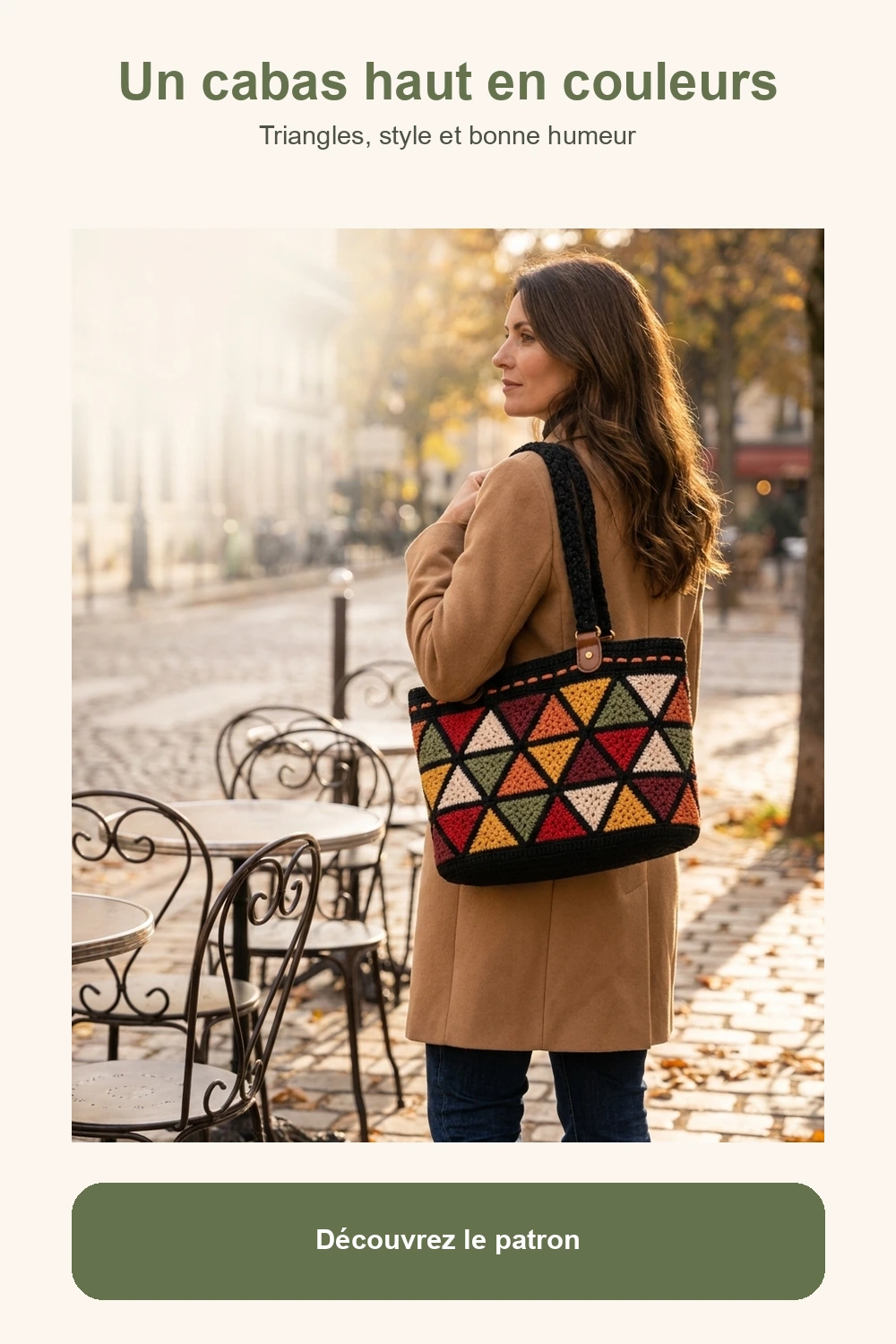 Épingle Pinterest du sac totebag à triangles colorés au crochet