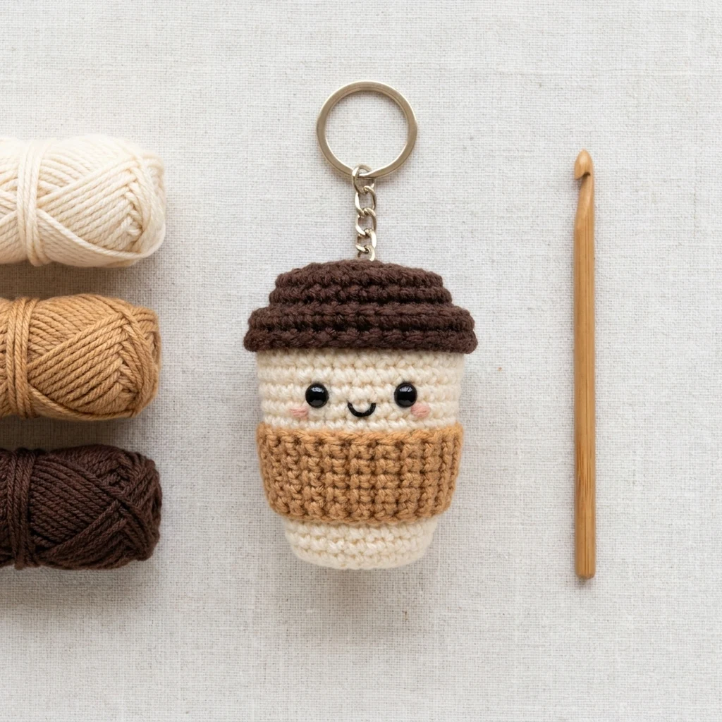 Mise en situation du amigurumi café porte-clés comme accessoire